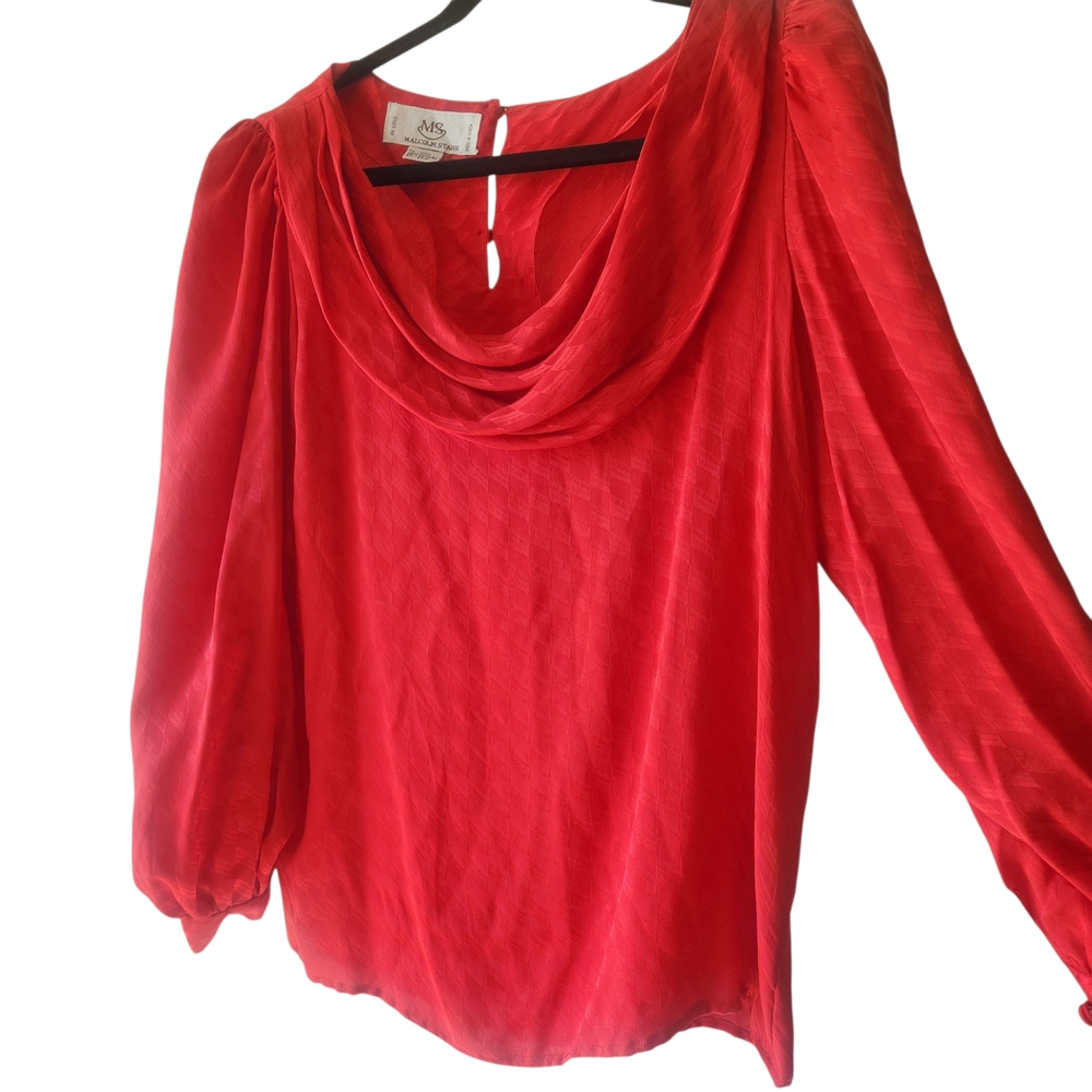 VTG  Red Silk Cowl Neck Blouse Malcolm Starr Long Sleeve Pullover Size 12 - 42